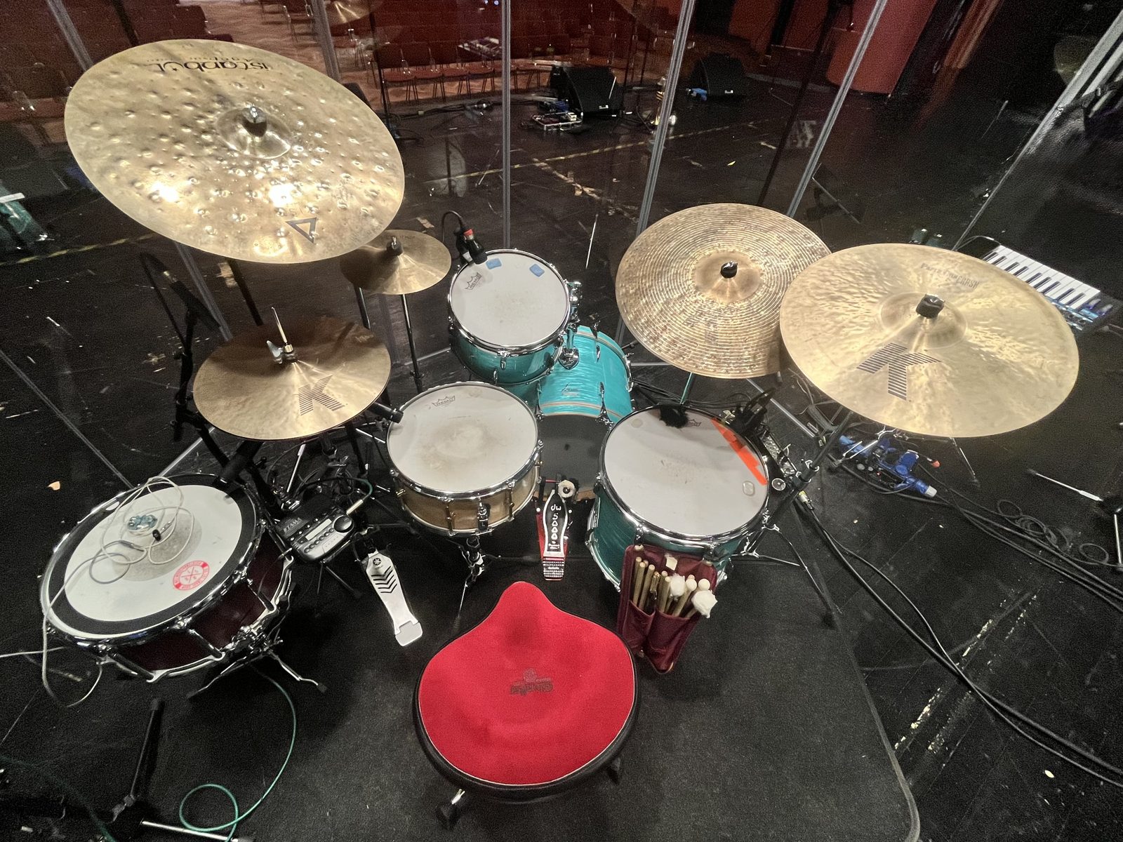 Leo Asal's Sonor Vintage Series drum kit, seen from above